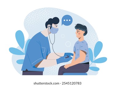 Pediatrician with child. Man with stethoscope in doctors mask examines teenager. Diagnostics and treatment. Healthcare and medicine. Flat vector illustration isolated on white background