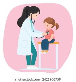 Pediatrician and Child Patient, Female Doctor Examining Little Girl with Stethoscope, Cartoon Vector Flat Illustration