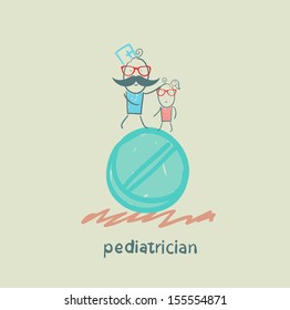 pediatrician with a child standing on a huge tablet
