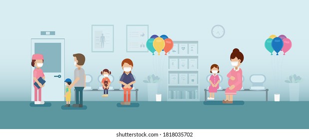 Pediatrician with children patient in waiting area vector illustration