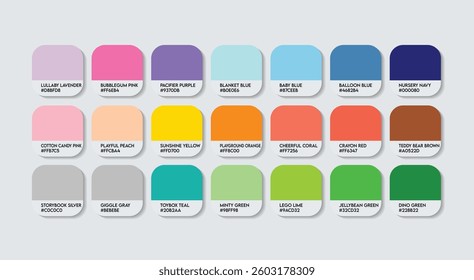 Pediatrician Color Guide Palette with Color Names. Catalog Sample of Pediatrician with RGB HEX codes and Names. Pediatrician doctor Color Palette, plastic, children fashion trend Kids Color Palette