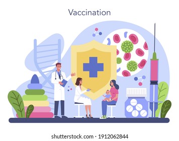 Pediatrician concept. Doctor examining a child with stethoscope. Idea of health and medical treatment for kids. Flu treatment and vaccination. Isolated flat vector illustration