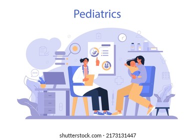 Pediatrician concept. Doctor examining a child with stethoscope. Medical treatment and care for kids. Flu treatment and vaccination. Isolated flat vector illustration