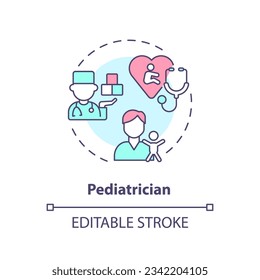 Pediatrician concept icon. Primary care physician. Child doctor. Children health. Medical specialist. Pediatric clinic abstract idea thin line illustration. Isolated outline drawing. Editable stroke