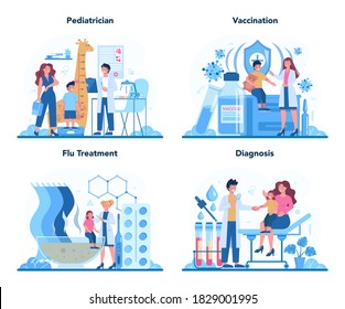 Pediatrician concept set. Doctor examining a child with stethoscope. Idea of health and medical treatment for kids. Flu treatment and vaccination. Isolated flat vector illustration