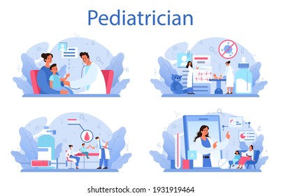 Pediatrician concept set. Doctor examining a child with stethoscope. Idea of health and medical treatment for kids. Flu treatment and vaccination. Isolated flat vector illustration