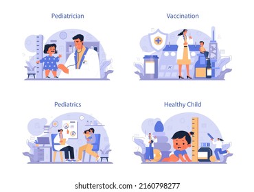 Pediatrician concept set. Doctor examining a child with stethoscope. Medical treatment and care for kids. Flu treatment and vaccination. Isolated flat vector illustration