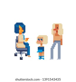 Pediatrician doctor and child. Medical checkup of kids in hospital. Young woman physician doing examination of health for the children. Isolated pixel art vector illustration. 