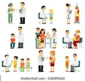 Pediatrician doctor and child set. Medical checkup of kids in hospital. Young man and woman physician doing examination of health for the children