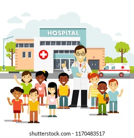 Pediatrician doctor concept. Young man practitioner and happy children in flat style. Doctor and group of kids standing together on hospital background. Consultation, medical diagnosis and treatment.