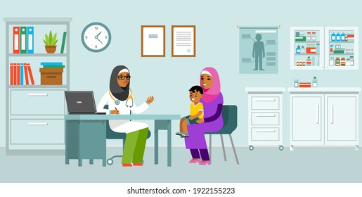 Pediatrician doctor concept. Young muslim woman practitioner and happy family with mother and kid in flat style. Islamic doctor doing medical examination of child with stethoscope. Consultation, medic