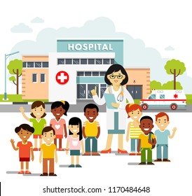 Concepto de médico pediatra. Mujer joven practicante y niños felices en estilo plano. Médico y grupo de niños de fondo hospitalario. Consulta, diagnóstico y tratamiento médicos