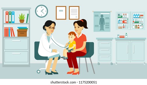 Pediatrician doctor concept. Young woman practitioner and happy family with mother and kid in hospital.
Doctor doing medical examination of child with stethoscope. Consultation, medical diagnosis