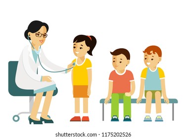 Pediatrician doctor concept. Young woman practitioner and happy children in flat style. Doctor doing medical examination of group of kids with stethoscope. Consultation, medical diagnosis and treatmen