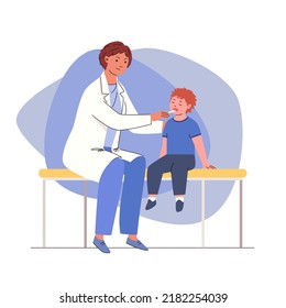 En pediatra. El médico realiza un examen general del niño, revisa la garganta con un instrumento médico. Ilustración vectorial en estilo plano.
