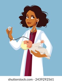 
Pediatrician Doctor Consulting a Newborn Baby Vector Cartoon. General practitioner examining a sick newborn with stethoscope 
