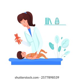 Pediatrician doctor doing check up on baby in clinic or hospital. Woman with small happy infant. Cartoon vector illustration.