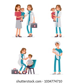 
Pediatrician doctor exam children and  newborn nurse holding baby. Flat style vector illustration isolated on white background.