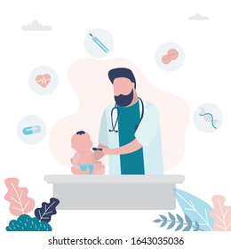 Pediatrician doctor examines a child. Infant baby and handsome male medical specialist. Health care background. Medical checkup. Trendy vector illustration