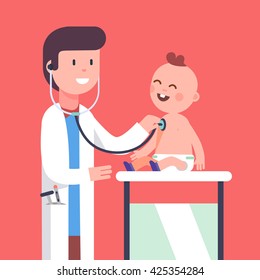 Pediatrician doctor examining little baby boy doing his health checkup. Listening to his heart beat and lungs with stethoscope. Modern flat style vector illustration cartoon clipart.