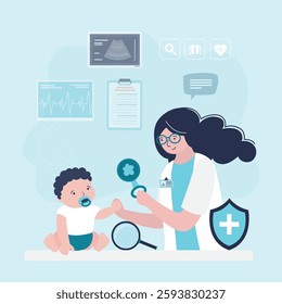 Pediatrician doctor examining little boy doing his medical checkup. Kids clinic, female pediatrician or nurse and cute baby in hospital room. Medical banner, healthcare. flat vector illustration