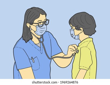 Pediatrician doctor examining sick child in face mask. hand drawn style vector design illustrations.