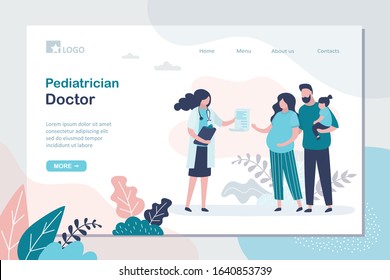 Pediatrician doctor landing page template.Family consults with family doctor.Pregnant woman and husband holding daughter. Medical worker gives a prescription. Health care web concept. Vector