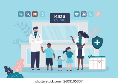 Pediatrician doctor and nurse examine small multi ethnic patients. Medical staff and children standing before hospital building. Kids clinic, healthcare concept, childhood. flat vector illustration