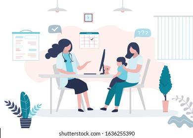 Pediatrician Doctor And Patient Talking. Mother With Daughter And Female Medical Specialist Or Nurse. Health Care, Medical Consultation Background. Clinic Room Interior. Vector Illustration