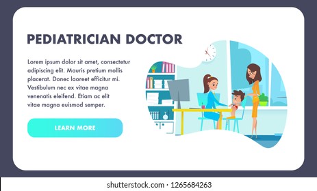 Pediatrician Doctor Specialist in Hospital Cabinet Examining Sick Kid with Stethoscope. Flat Cartoon Illustration of Mom and Boy in Pediatric Office Checkup Waiting for Medical Treatment.