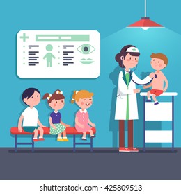 Pediatrician doctor woman doing medical examination of kids. Listening to kid heart rate with stethoscope. Modern flat style vector illustration cartoon clipart.