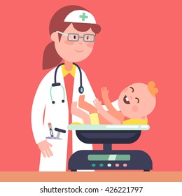 Pediatrician doctor woman in glasses doing medical examination of newborn baby boy weight. Weighting kid on scales. Modern flat style vector illustration cartoon clipart.