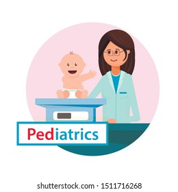 Pediatrician Doctor Woman in Uniform Doing Medical Examination Newborn Baby Boy Weight Flat Cartoon Vector Illustration. Kids on Scales. Pediatrics Banner. Girl Standing near Smiling Child.