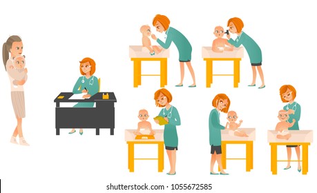 Pediatrician Doctors And Baby Set. Cartoon Female Medical Workers Exam Heart, Lungs, Ears, Eyes And Weight Of Newborn Infant Kids, Providing Consultation For Mothers. Vector Illustration