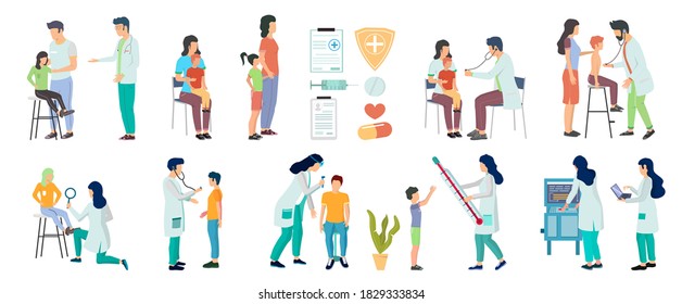 Pediatrician doctors and patients, flat vector isolated illustration. Parents with kids visiting doctor. Physician examining kids. Children medical checkup. Medicine and health care.