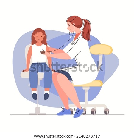 Pediatrician during reception of small patient. Young friendly doctor auscultates to female child's heart and lungs with stethoscope. Characters of illustration isolated on white background. Flat cart