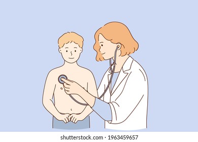 Pediatrician during work concept. Young positive woman pediatrician doctor examining small boy patient with stethoscope during visit vector illustration 