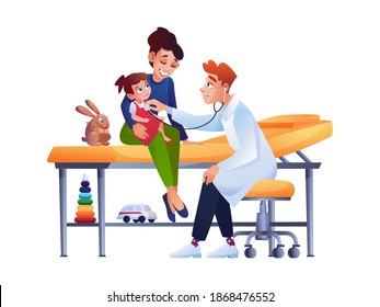 Pediatrician Examines Baby Girl With Mom Isolated Doctor Checking Up Young Toddler By Stethoscope. Vector Mother Sitting On Medical Bed With Kids Toys, Pediatric Consultation And Examination