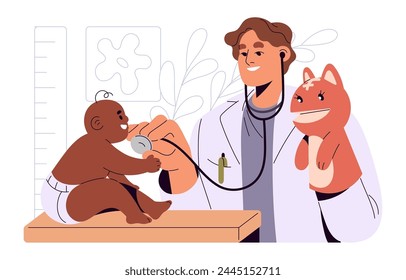 El pediatra examina al bebé con estetoscopio, oye los latidos del corazón. Médico pediátrico con marioneta de mano juega con el niño. Los médicos se preocupan por la salud infantil. Ilustración vectorial aislada plana sobre fondo blanco