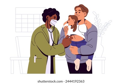 Pediatrician examines baby with stethoscope. Parent holds little girl on hands, pediatric doctor hears heartbeat, breath. Medic works in kid health care. Flat isolated vector illustration on white