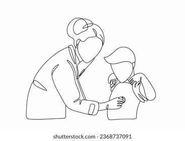 The pediatrician examines the child. A doctor listens to the sounds of the heart and lungs with a stethoscope. International Day of Pediatricians. One line drawing for different uses. Vector.