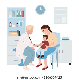 Pediatrician examines little boy using stethoscope. Mother and sick child in doctor’s office. Checkup, examination of health. Pediatrics and child care. Healthcare, clinic, hospital. Illustration.