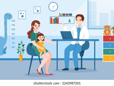 Pediatrician Examines Sick Kids and Baby for Medical Development, Vaccination and Treatment in Flat Cartoon Hand Drawn Templates Illustration