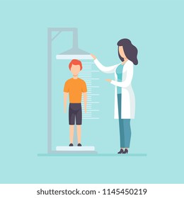 Pediatrician examining a boy in a medical office, doctor measuring the growth of a child, medical treatment and healthcare concept vector Illustration