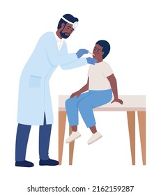 Pediatrician examining little boy throat semi flat color vector characters. Posing figures. Full body people on white. Medicine simple cartoon style illustration for web graphic design and animation