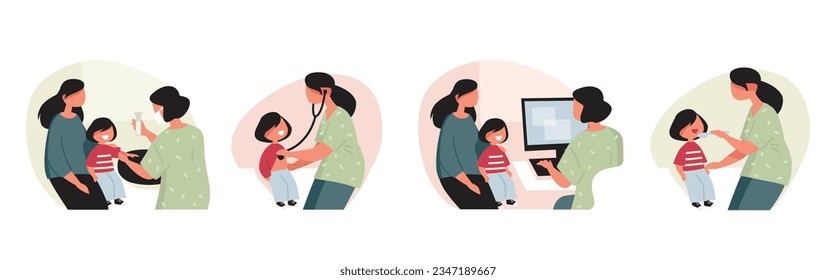 Pediatrician examining patient child. Kids visit doctor for checkup. Doctor, health professional, physician examine child with stethoscope, listen heartbeat Mother child visiting doctor Pediatric care