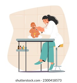 Pediatrician Female Character Checks Baby's Heartbeat With Stethoscope To Ensure Proper Function And Development Of Heart And Circulatory System. Cartoon People Vector Illustration