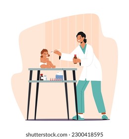 Pediatrician Female Character Examines Baby's Health, Prescribes Medication According To Symptoms, Age And Weight. Administers Medicine To Baby Orally. Cartoon People Vector Illustration