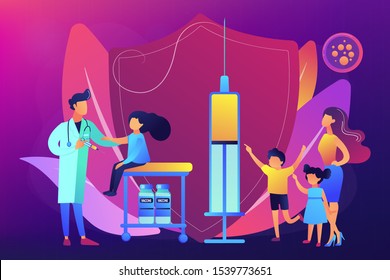 Pediatrician giving girl injection. Vaccination of preteens and teens, older children immunization, prevent your kids from diseases concept. Bright vibrant violet vector isolated illustration