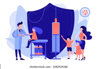 Pediatrician giving girl injection. Vaccination of preteens and teens, older children immunization, prevent your kids from diseases concept. Pinkish coral bluevector vector isolated illustration